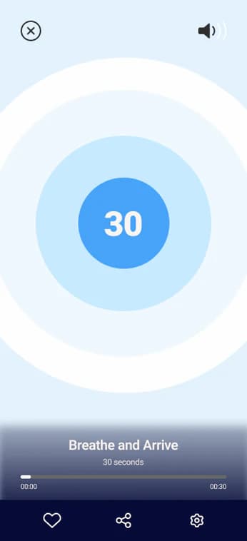 The InnerWize app's Breathe and Arrive timer counting down from 30