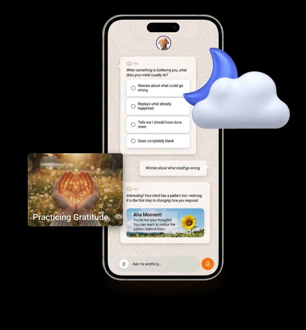 The InnerWize companion chat on a phone, with a moon and cloud and a Practicing Gratitude card.