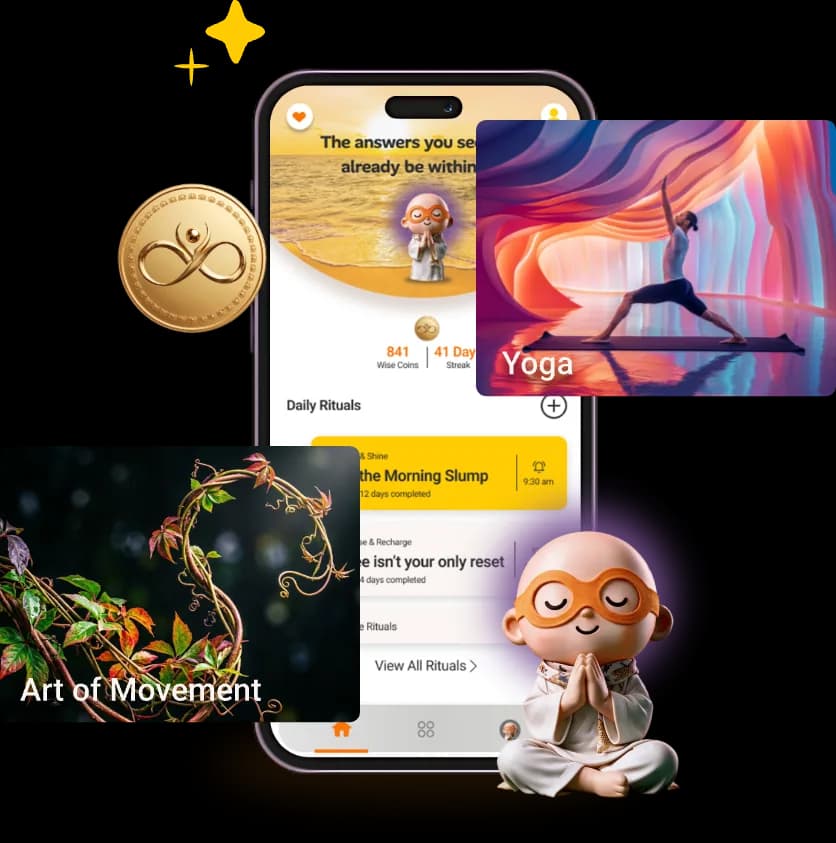 The InnerWize app on a phone, with Yoga and Art of Movement practice cards and Wize Bud meditating beside it.