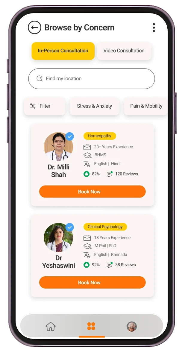 The InnerWize app's Browse by Concern screen, listing experts to book