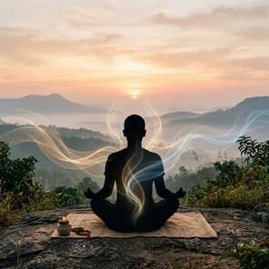 A person meditating cross-legged on a hilltop at sunrise