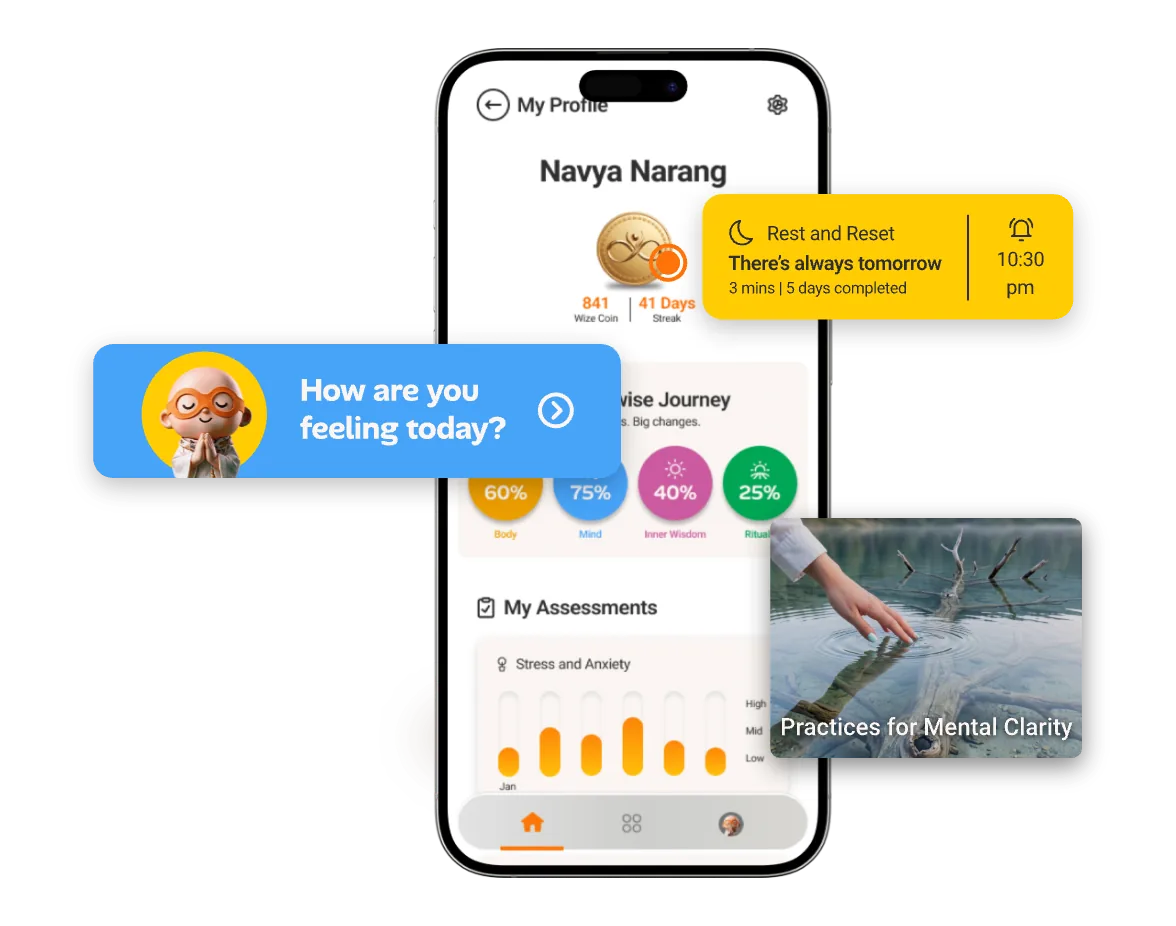 An InnerWize profile on a phone with assessments and a reminder to rest and reset, a How are you feeling today? check-in and a Practices for Mental Clarity card.
