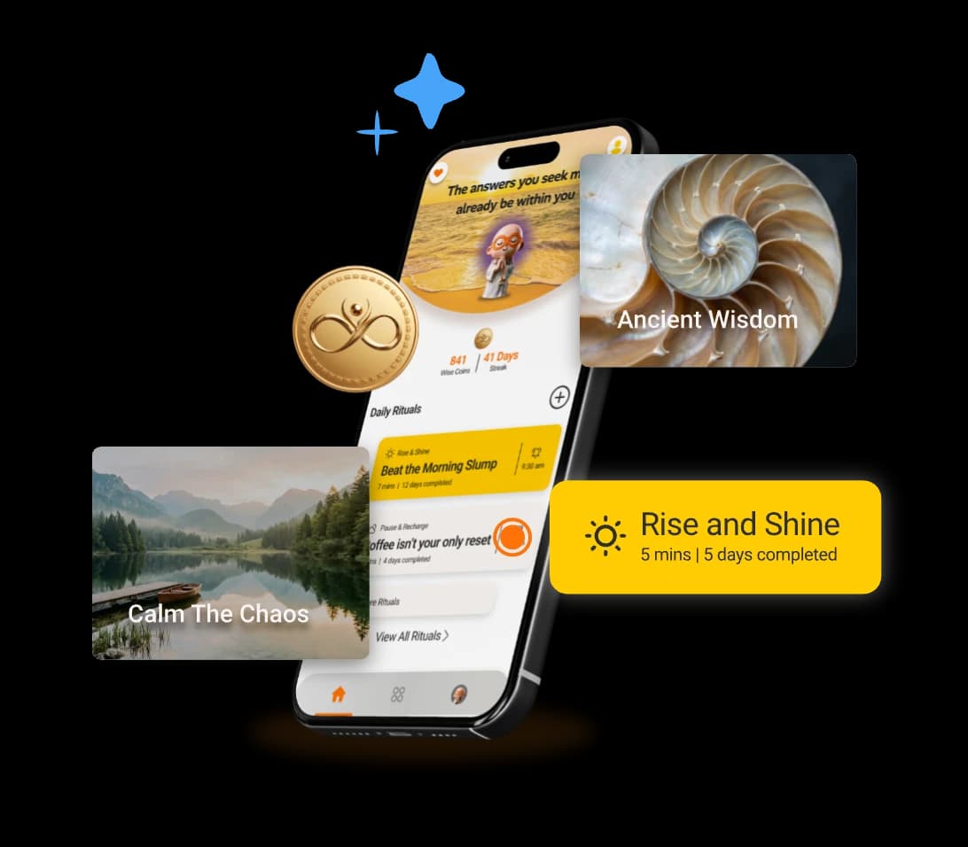 The InnerWize app's home screen with daily rituals, beside Calm The Chaos, Ancient Wisdom and Rise and Shine cards